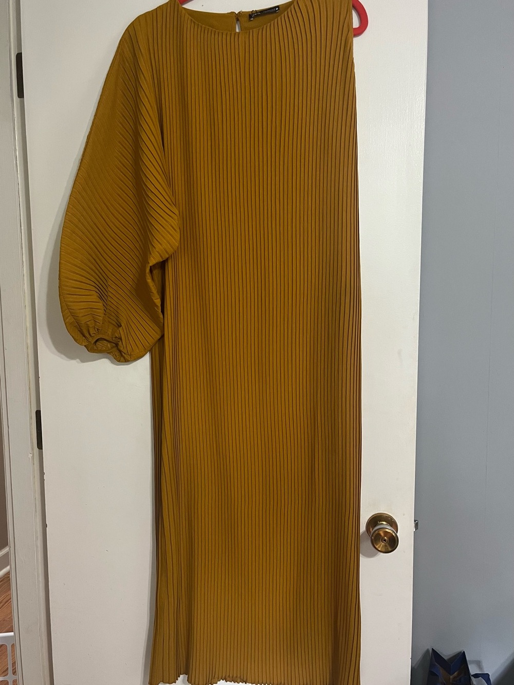 Zara One Sleeve Mustard Pleated Long-Sleeve Balloon Dress